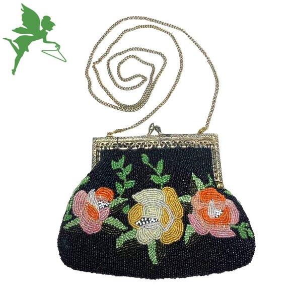 VINTAGE Christina Seed Bead Vintage Bag With Chain Strap and Attached Mirror - Picture 1 of 8